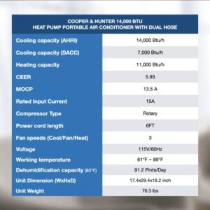 Cooper & Hunter 14,000 BTU 115V Dual Hose Heat Pump Portable Air Conditioner and Heater Including Remote Controller