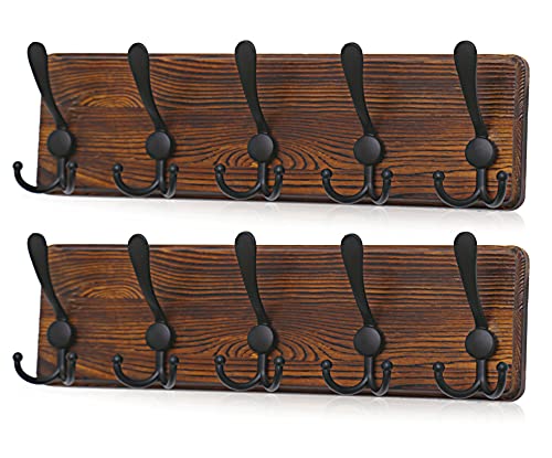 Coat Rack Wall Mount, 5 Tri Hooks, Coat Rack Hooks, Hook Rack Rail, Wooden Entryway Hanging Coat Rack, Self-Assembly Rustic Wood Wall Coat Hanger for The Entryway, Bathroom, Bedroom, Kitchen (2)