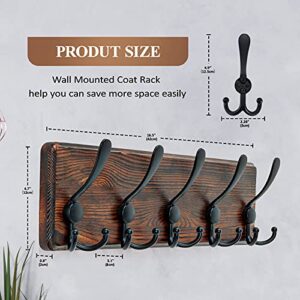 Coat Rack Wall Mount, 5 Tri Hooks, Coat Rack Hooks, Hook Rack Rail, Wooden Entryway Hanging Coat Rack, Self-Assembly Rustic Wood Wall Coat Hanger for The Entryway, Bathroom, Bedroom, Kitchen (2)