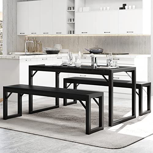 IMUsee 3-Piece 47.2" Dining Table Set for 4-6,Heavy Duty Kitchen Table with Metal Frame and Wood Board, Kitchen & Dining Room Table Set with Benches, Space-Saving Dinette for Small Space,Black&Black