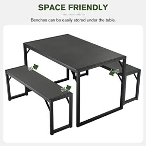 IMUsee 3-Piece 47.2" Dining Table Set for 4-6,Heavy Duty Kitchen Table with Metal Frame and Wood Board, Kitchen & Dining Room Table Set with Benches, Space-Saving Dinette for Small Space,Black&Black