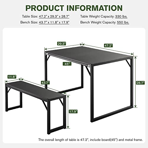 IMUsee 3-Piece 47.2" Dining Table Set for 4-6,Heavy Duty Kitchen Table with Metal Frame and Wood Board, Kitchen & Dining Room Table Set with Benches, Space-Saving Dinette for Small Space,Black&Black