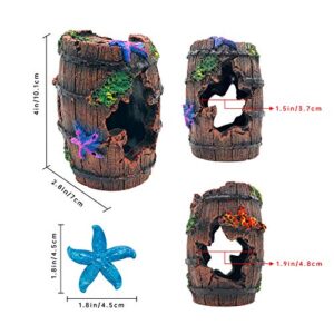 GSD Star-Fish Broken Barrel Decor Resin Betta Fish Tank Accessories Ornaments for Fish Cave Hide Tank Decorations, Broken Barrel x 1pc, Blue Star Fish Ornaments x 2pcs