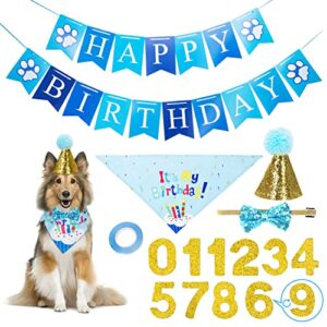 nobleza dog birthday party supplies, dog birthday hat bandana scarf with cute dog bow tie, banner, dog first birthday boy outfit for pet puppy cat blue