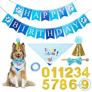 Nobleza Dog Birthday Party Supplies, Dog Birthday Hat Bandana Scarf with Cute Dog Bow Tie, Banner, Dog First Birthday Boy Outfit for Pet Puppy Cat Blue