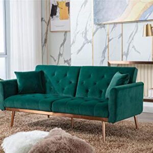 NOSGA Velvet Sofa Bed Convertible Sleeper Sofa, Modern Tufted Sofa Bed with 2 Throw Pillow, Adjustable Folding Accent Sofa Rose Gold Metal Feet for Living Room Bedroom (Green)