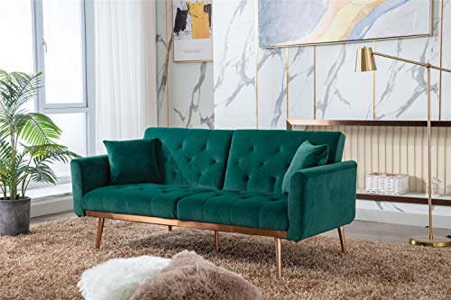 NOSGA Velvet Sofa Bed Convertible Sleeper Sofa, Modern Tufted Sofa Bed with 2 Throw Pillow, Adjustable Folding Accent Sofa Rose Gold Metal Feet for Living Room Bedroom (Green)