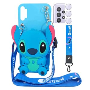 didicose case compatible with samsung galaxy a32 5g cute 3d cartoon purse wallet with lanyard wrist strap soft silicone cover camera lens protector for samsung galaxy a32 5g alien dog blue