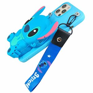 DiDicose Case Compatible with Samsung Galaxy A32 5G Cute 3D Cartoon Purse Wallet with Lanyard Wrist Strap Soft Silicone Cover Camera Lens Protector for Samsung Galaxy A32 5G Alien Dog Blue