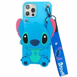 DiDicose Case Compatible with Samsung Galaxy A32 5G Cute 3D Cartoon Purse Wallet with Lanyard Wrist Strap Soft Silicone Cover Camera Lens Protector for Samsung Galaxy A32 5G Alien Dog Blue