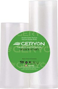 geryon vacuum sealer bags rolls, 8x50ft & 11x50ft for food storage, double sided texture, bpa free, heavy duty, great for vacuum seal storage, meal prep or sous vide