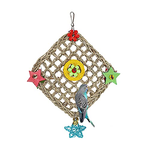 通用 XH Bird Parrot Toys,Bird Foraging Wall Toy with Hanging Hook, Seagrass Woven Mat with Colorful Wooden Blocks,Suitable for Lovebirds, Budgerigars, Conure, Cockatiel