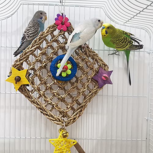 通用 XH Bird Parrot Toys,Bird Foraging Wall Toy with Hanging Hook, Seagrass Woven Mat with Colorful Wooden Blocks,Suitable for Lovebirds, Budgerigars, Conure, Cockatiel