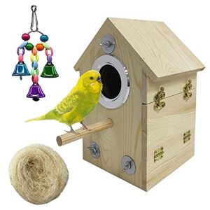 hamiledyi parakeet nesting box birds breeding wooden box parrot wood house coconut fiber bedding material warm bell toy cage accessories for finch cockatiel lovebirds aviary 3 pcs