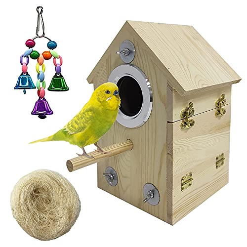 Hamiledyi Parakeet Nesting Box Birds Breeding Wooden Box Parrot Wood House Coconut Fiber Bedding Material Warm Bell Toy Cage Accessories for Finch Cockatiel Lovebirds Aviary 3 Pcs