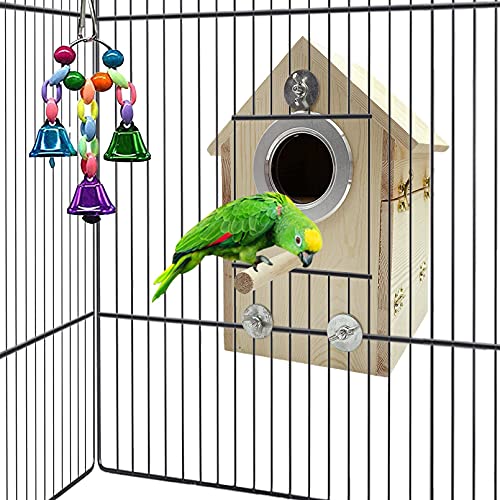 Hamiledyi Parakeet Nesting Box Birds Breeding Wooden Box Parrot Wood House Coconut Fiber Bedding Material Warm Bell Toy Cage Accessories for Finch Cockatiel Lovebirds Aviary 3 Pcs