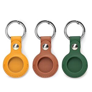brraavees air tag keychain for apple airtags holder anti-lost pu leather case for apple airtags protective airtag key ring compatible with pet tracking (3 pack yellow + green + brown)