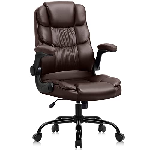 YAMASORO Executive Office Chair,Ergonomic Chair with Lumbar Support,Comfortable Computer Desk Chairs Flip up Arms and Wheels Swivel Task Chair, Brown