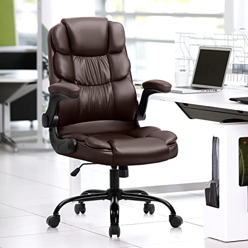 YAMASORO Executive Office Chair,Ergonomic Chair with Lumbar Support,Comfortable Computer Desk Chairs Flip up Arms and Wheels Swivel Task Chair, Brown