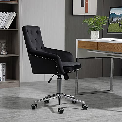 HOMCOM Modern Mid-Back Desk Chair with Button Tufted Velvet Back, Nailhead Trim, Swivel Home Office Chair with Adjustable Height, Curved Padded Armrests, Black