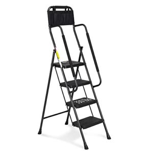 hbtower 4 step ladder with handrails, 330 lbs folding step stool with attachable tool bag & anti-slip wide pedal for home kitchen pantry office (4-step)