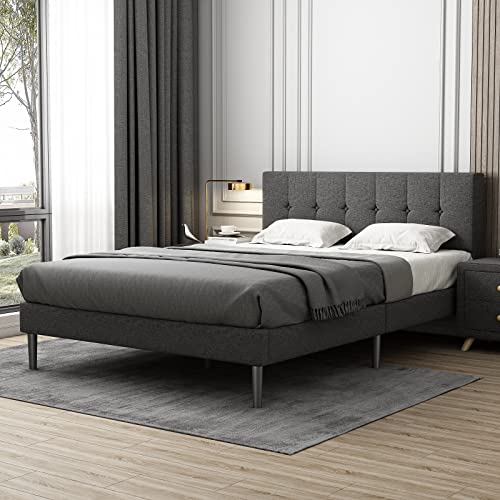 Lijimei Queen Size Fabric Upholstered Platform Bed Frame, Modern Upholstered Platform Bed with Headboard, Heavy Duty Bed Frame with Wood Slat Support, No Box Spring Required, Easy Assembly,Dark Gray