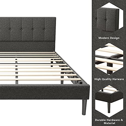 Lijimei Queen Size Fabric Upholstered Platform Bed Frame, Modern Upholstered Platform Bed with Headboard, Heavy Duty Bed Frame with Wood Slat Support, No Box Spring Required, Easy Assembly,Dark Gray