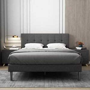 Lijimei Queen Size Fabric Upholstered Platform Bed Frame, Modern Upholstered Platform Bed with Headboard, Heavy Duty Bed Frame with Wood Slat Support, No Box Spring Required, Easy Assembly,Dark Gray