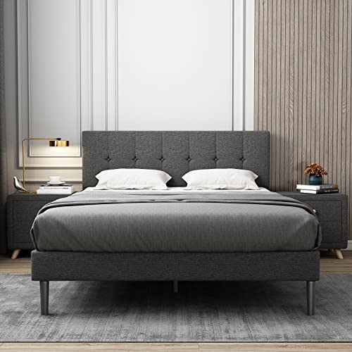 Lijimei Queen Size Fabric Upholstered Platform Bed Frame, Modern Upholstered Platform Bed with Headboard, Heavy Duty Bed Frame with Wood Slat Support, No Box Spring Required, Easy Assembly,Dark Gray