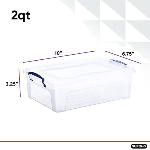 Superio Clear Storage Bins with Lids, Stackable Storage Box with Latches and Handles, Extra Small, 2 Pack 2 Quart