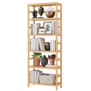 bamjoy bamboo shelf, 6 tier bookcase storage shelves, tall book rack shelving unit, multipurpose storage display shelf adjustable shelves plant stand for home office bathroom kitchen living room, 64"h