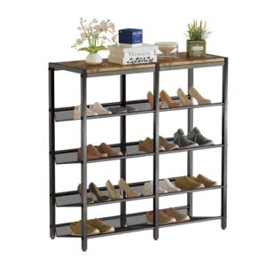 mieres 5-tier shoe racks, free standing tilt shoe storage organizer w/4 sturdy metal mesh shelves for 16-20 of pairs double row shoe shelf for entryway, hallway, closet, bedroom,brown