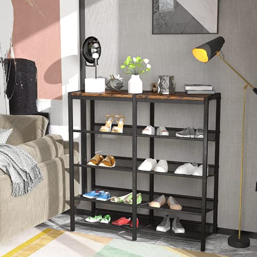 MIERES 5-Tier Shoe Racks, Free Standing Tilt Shoe Storage Organizer w/4 Sturdy Metal Mesh Shelves for 16-20 of Pairs Double Row Shoe Shelf for Entryway, Hallway, Closet, Bedroom,Brown