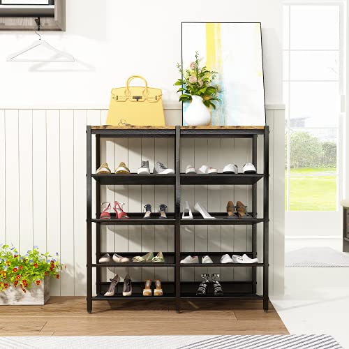 MIERES 5-Tier Shoe Racks, Free Standing Tilt Shoe Storage Organizer w/4 Sturdy Metal Mesh Shelves for 16-20 of Pairs Double Row Shoe Shelf for Entryway, Hallway, Closet, Bedroom,Brown