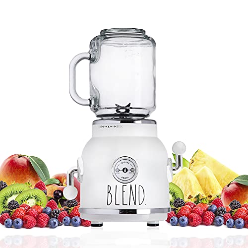 Rae Dunn Smoothie Blender- One Touch Blender with 20 oz Mason Jar Container includes Reusable Straw and Lid, Shake and Smoothie Maker, Juice Blender with 6 Blades