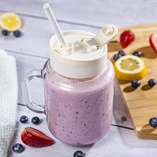 Rae Dunn Smoothie Blender- One Touch Blender with 20 oz Mason Jar Container includes Reusable Straw and Lid, Shake and Smoothie Maker, Juice Blender with 6 Blades