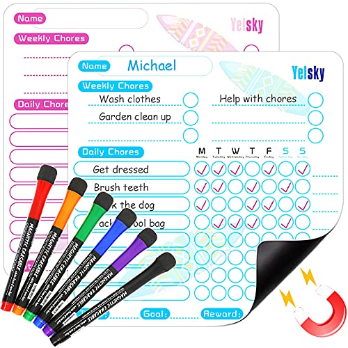 2 PCS Chore Chart for Kids & 6 Dry Erase Markers with Eraser, Dry Erase Magnetic Chore Charts for Kids Multiple Kids, Weekly Daily Behavior Reward Chart Whiteboard for Kids Teenagers on Refrigerator