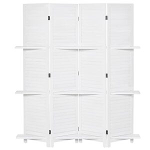homcom 4 panel 67" tall wood privacy screen room divider with 3 display shelves, and folding storage for bedroom or home office, white