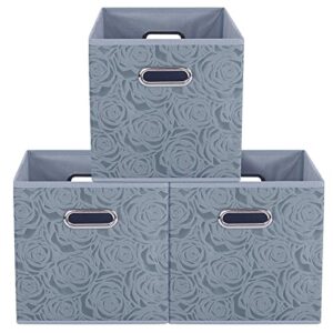 lucky monet 3 pack rose pattern storage cubes foldable fabric storage bin set with handles collapsible storage box basket closet organizer drawer (11"×11", gray)