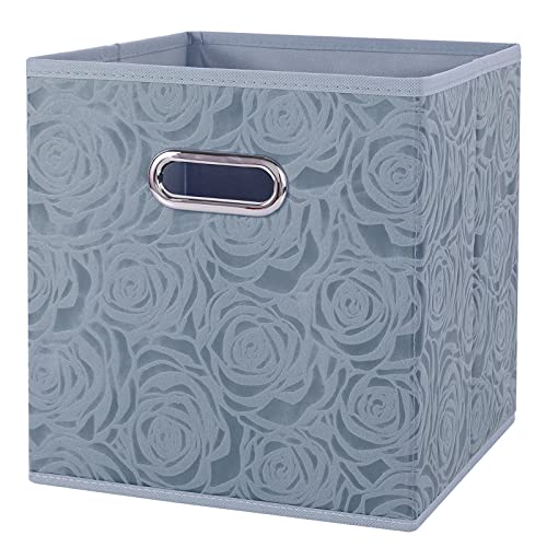 Lucky Monet 3 Pack Rose Pattern Storage Cubes Foldable Fabric Storage Bin Set with Handles Collapsible Storage Box Basket Closet Organizer Drawer (11"×11", Gray)