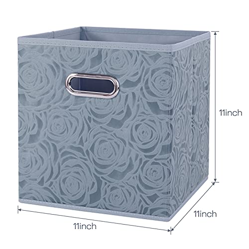 Lucky Monet 3 Pack Rose Pattern Storage Cubes Foldable Fabric Storage Bin Set with Handles Collapsible Storage Box Basket Closet Organizer Drawer (11"×11", Gray)