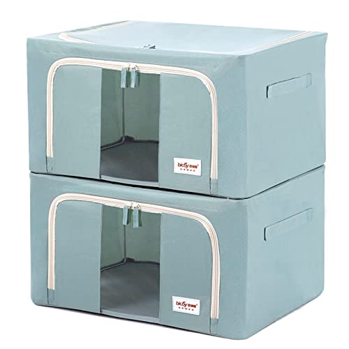 Bicoy 2pcs 36L Clothes Storage Boxes with Steel Frame Large Double Opening Storage Bins Foldable Moisture-Proof Dustproof Stackable (Green)