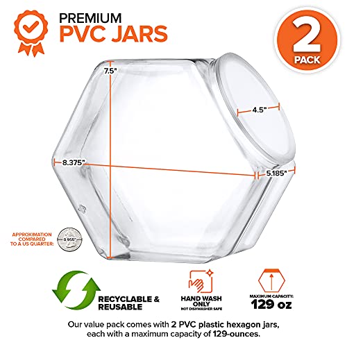 129 Oz Hexagon Cookie Jars with Lids ( 2 Pack)- Wide Mouth Plastic Jars with Lid Reusable & Recyclable - Shatterproof Jars - Clear Plastic Jars for Cookies, Candy, Laundry Detergent Pods - Stock Your Home