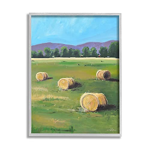 Stupell Industries Open Country Farmland Landscape Yellow Hay Bails, Designed by Allayn Stevens Gray Framed Wall Art, 24 x 30, Green