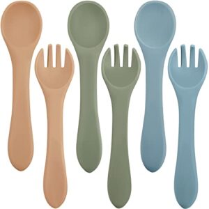 6 pieces silicone baby feeding forks and spoons set hot safety first stage self feeding supplies mini kids utensils for over 6 months babies boy girl toddlers first foods (nature color)