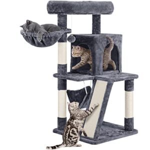 yaheetech cat tree cat tower, 40-inch cat condo with oversized soft platform, scratching board, basket and hammock, cat furniture for kittens cats pets, dark gray