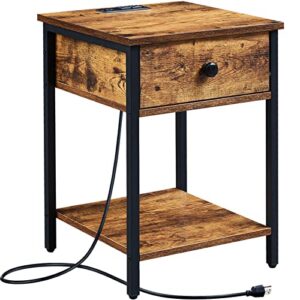 superjare nightstand with charging station and usb ports, side table end table with drawer, open storage shelf and steel frame, bedside table for small spaces, rustic brown