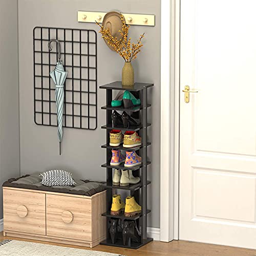 Squareful 7-Tier Wooden Shoe Rack, Modern Vertical Shoe Organizer, Multifunctional Shoe Tower Storage Stand, Space Saving Shelves for entryway, Bedroom, Hallway (Black, Small)