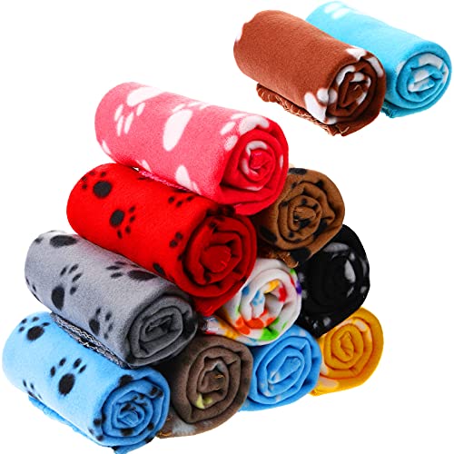 12 Pieces Puppy Blankets Fleece Pet Dog Blankets Warm Paw Print Dogs Cat Blanket Bed Cover for Dogs Cats Cushion Sleep Pet Mat Pad Kitten Soft Warm Blanket for Small Animals (28 x 24 Inches)