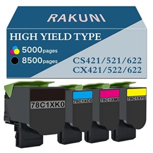 rakuni compatible toner cartridge replacement for lexmark cs421 cs521 cx421 cx522 cx622 cx625 cs421dn cs521dn cx421adn cx522ade cx622ade cx625ade 78c1xk0 78c1xc0 78c1xm0 78c1xy0 (high yeild, 4-pack)